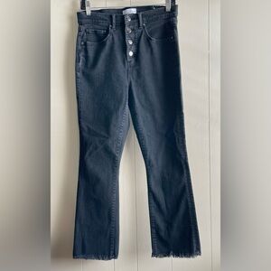 Loft Mid-Rise Button Fly Raw Hem Crop Flare Black Jeans